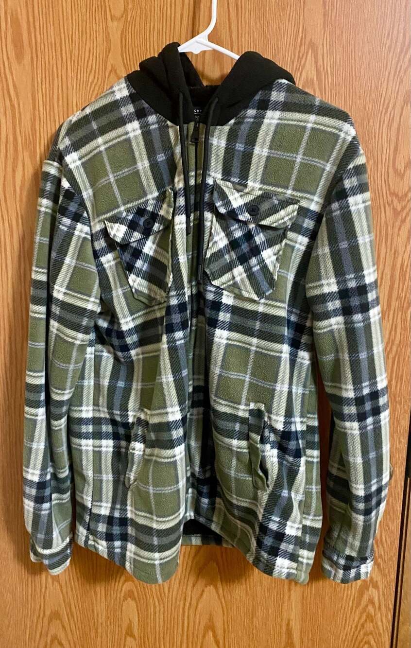 Distortion Premium Goods Men's Olive Green and Black Plaid Fleece Hooded Jacket